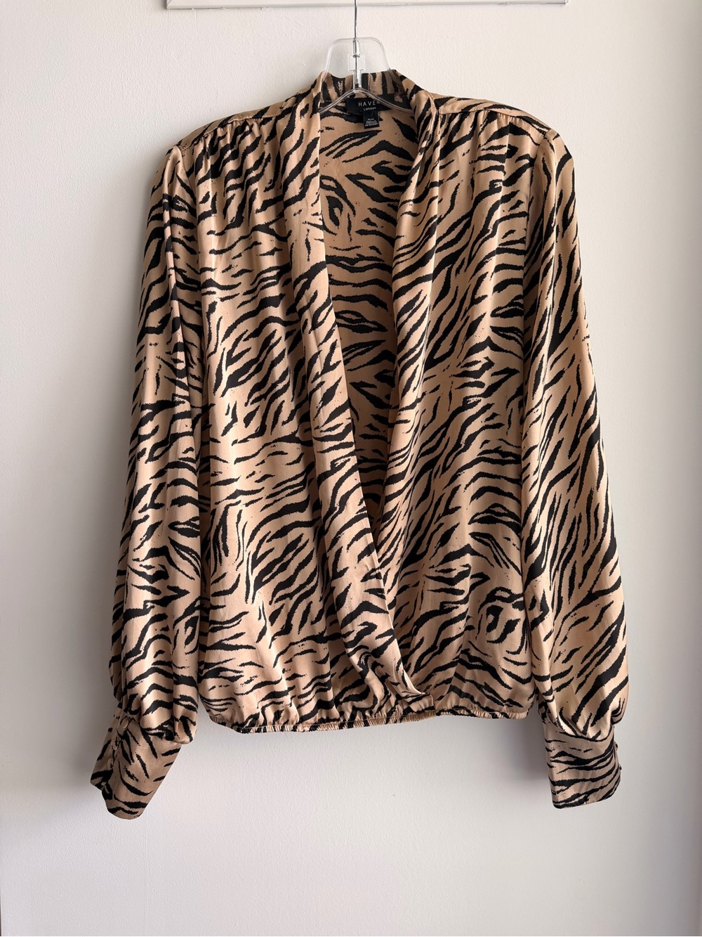 HaveR. Beige & Black Tiger-Stripe Surplice Blouse